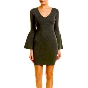 MILLY V-Neck Bell-Sleeve Stretch-Knit Minidress in Charcoal size Large